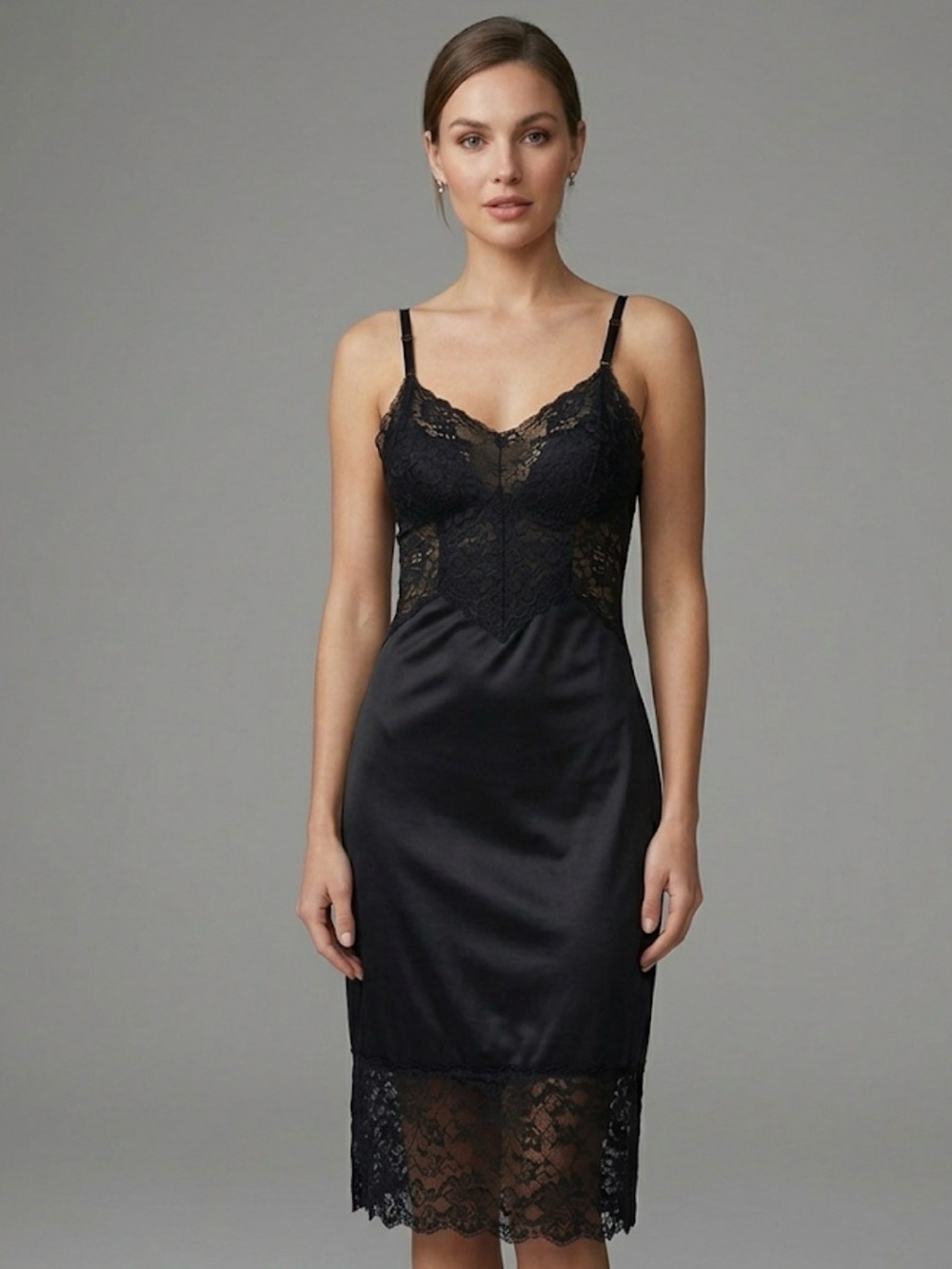 Vintage Vanity Fair Black Lace Slip Dress Tricot Nylon Made in USA Size 34 Small